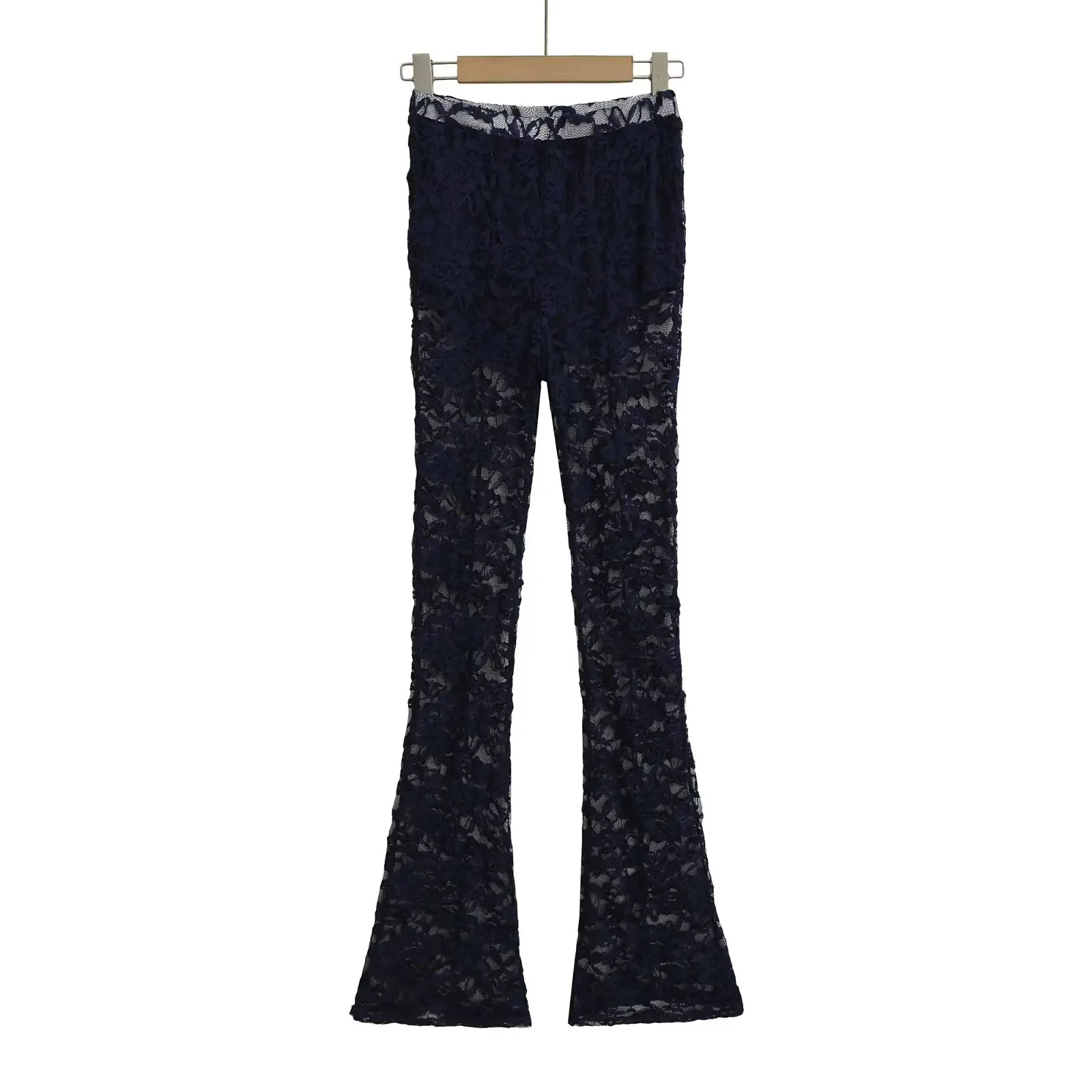 Letnie spodnie z koronkowym wykończeniem, łączone z przezroczystego materiału, długie, z lekko rozszerzanymi nogawkami, wysokim stanem, zapinane na zamek, codzienne spodnie.