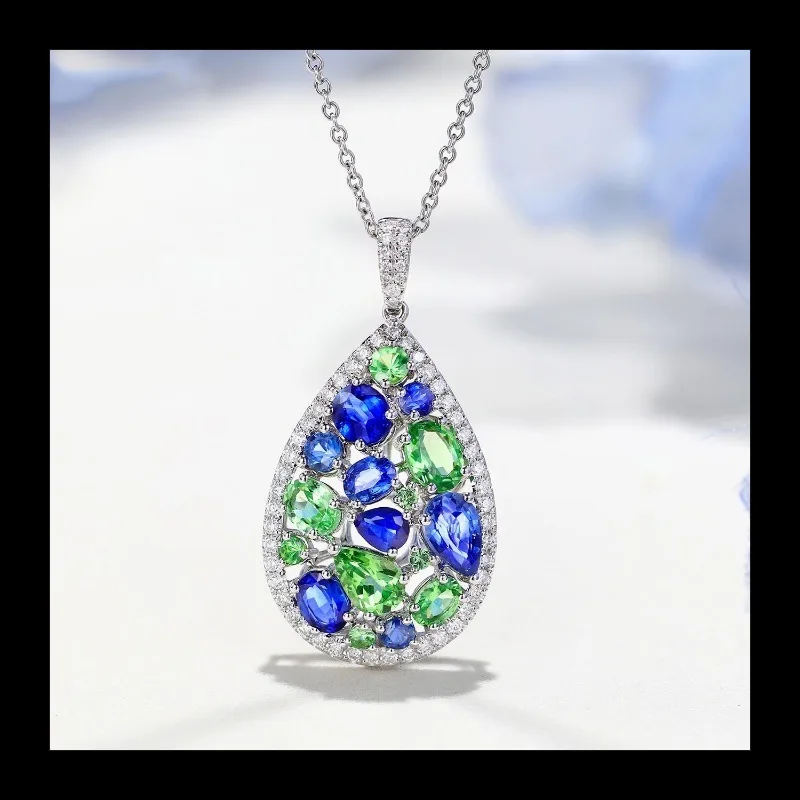 Zestaw Monet's Garden Treasure, wisiorek z diamentem i szafirem tsaworytem, otwarty pierścionek, długie kolczyki na biglach