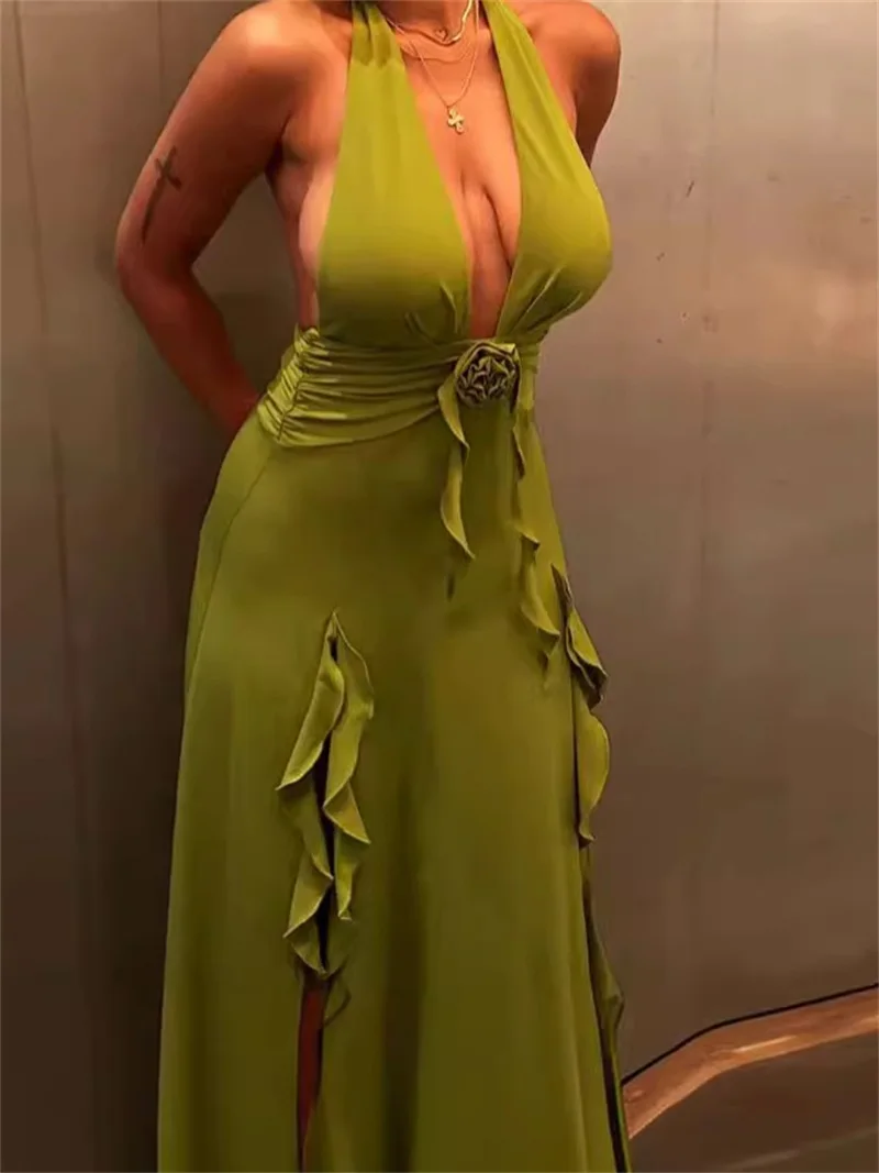 

Green Women's Prom Dress Summer Halter Backless Holiday Beach Sexy Sleeveless Hot Girl Casual Long Party Skirt