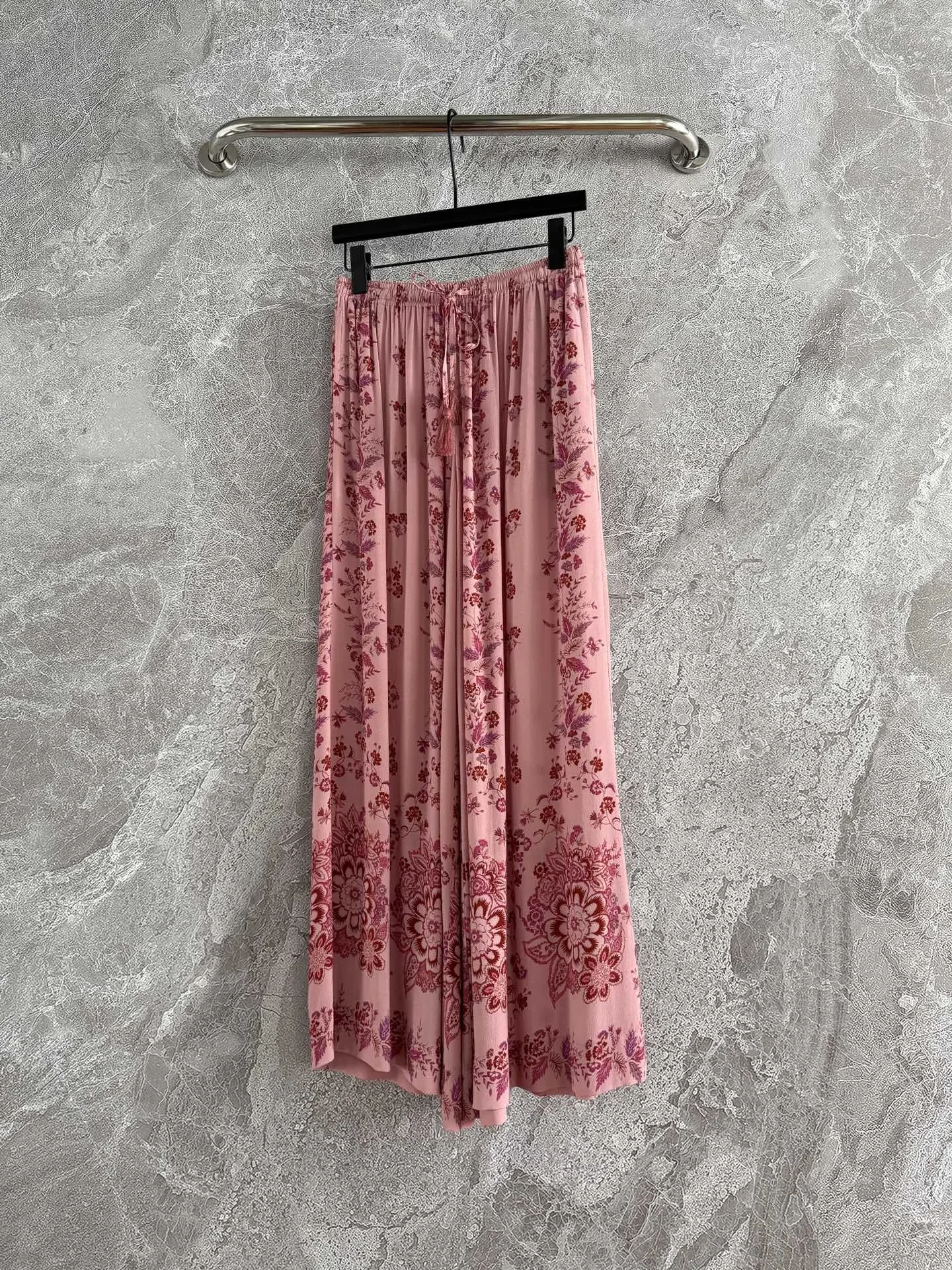 

Pink Flower Print Women Wide Leg Pants 2025 New Elastic High Waist Straight Loose Female Trousers