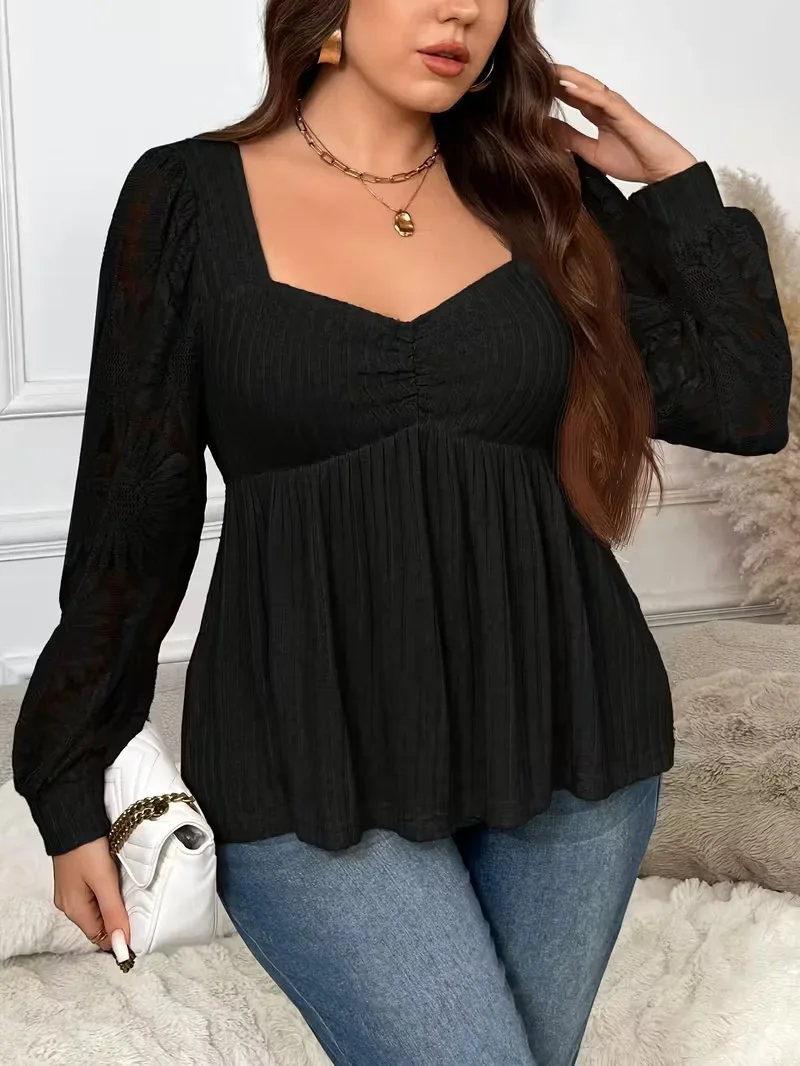 بلوزة نسائية كبيرة الحجم سلسلة أنيقة - كبيرة الحجم لون نقي مرقع شبكة عباد الشمس بأكمام طويلة للنساء