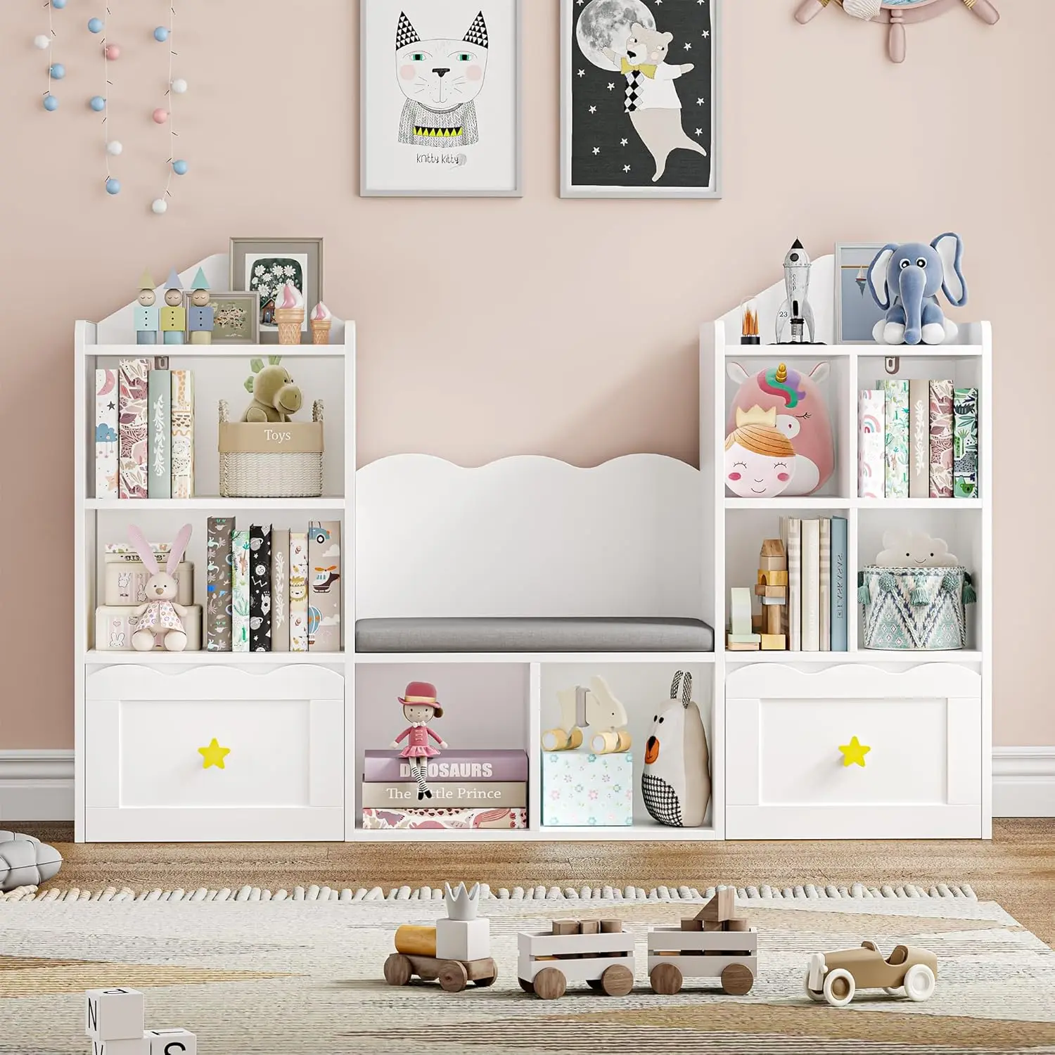 Bibliothèque avec coin de lecture pour enfants, bibliothèque avec siège à coussin souple, 2 roues, égouts de proximité et 8 cubes de rangement, rangement de jouets