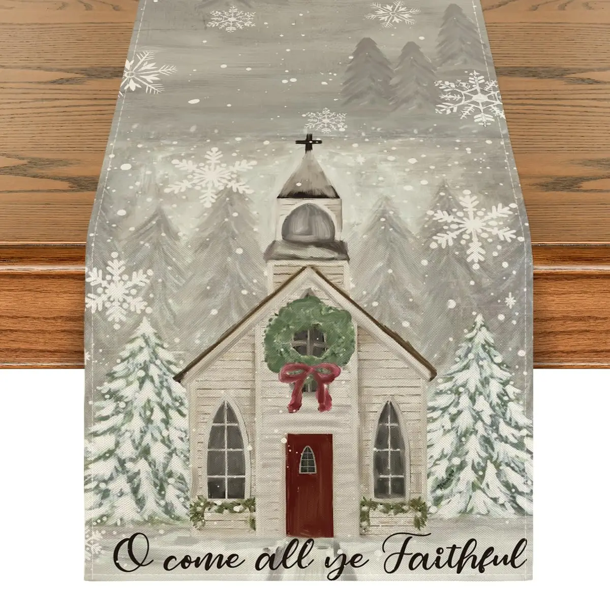 

Church Xmas Trees Snowflakes Merry Christmas Table Runner, Bow Tie Kitchen Dining Table Decoration for Outdoor Home Party