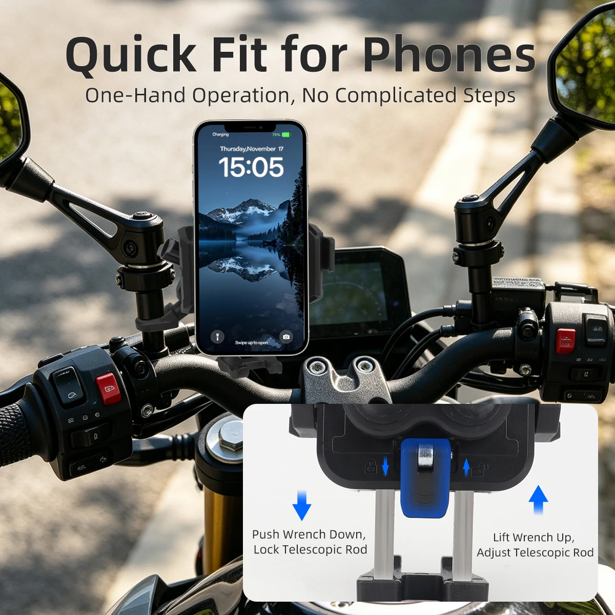 Universal Mirror Secure Phone Mount Anti-Slip Shockproof for MTB E-Bike Stand Outdoor Riding GPS Navigation Fast Install Holder