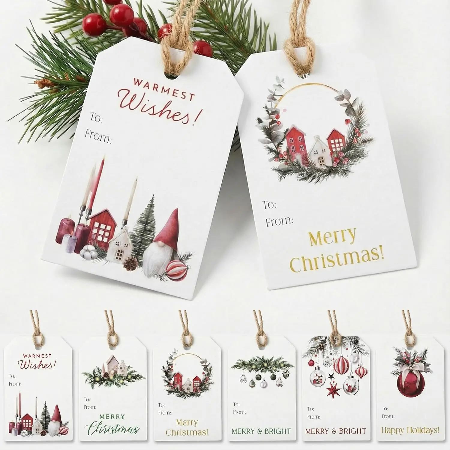 Beautiful Christmas Gift Tags - 48 Watercolor Quality Labels with Rope