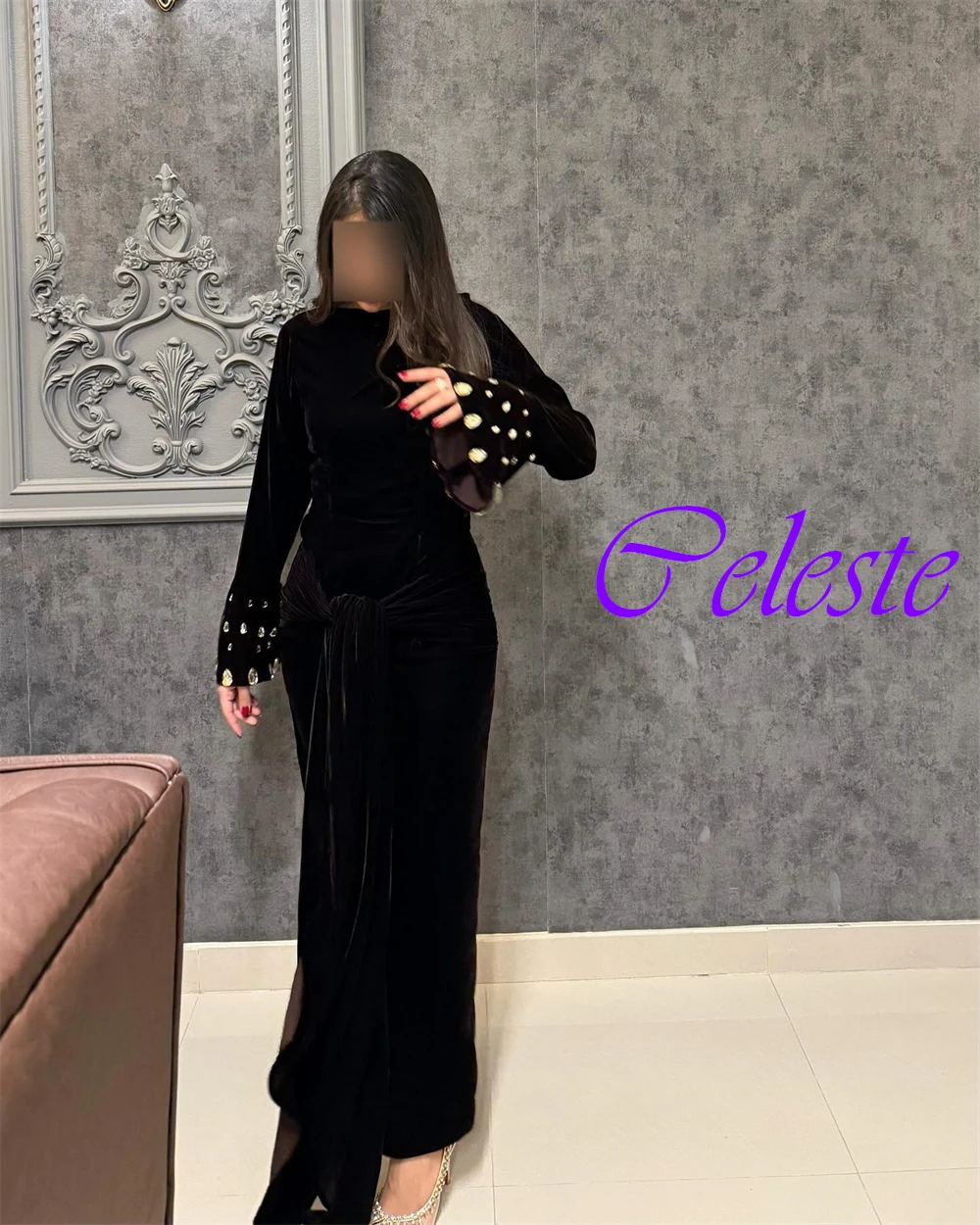 Customized Elegant Boat Neck Velour Evening Dress Classic Long Sleeves Prom Dresses Luxury Sequined Special Occasion Gowns