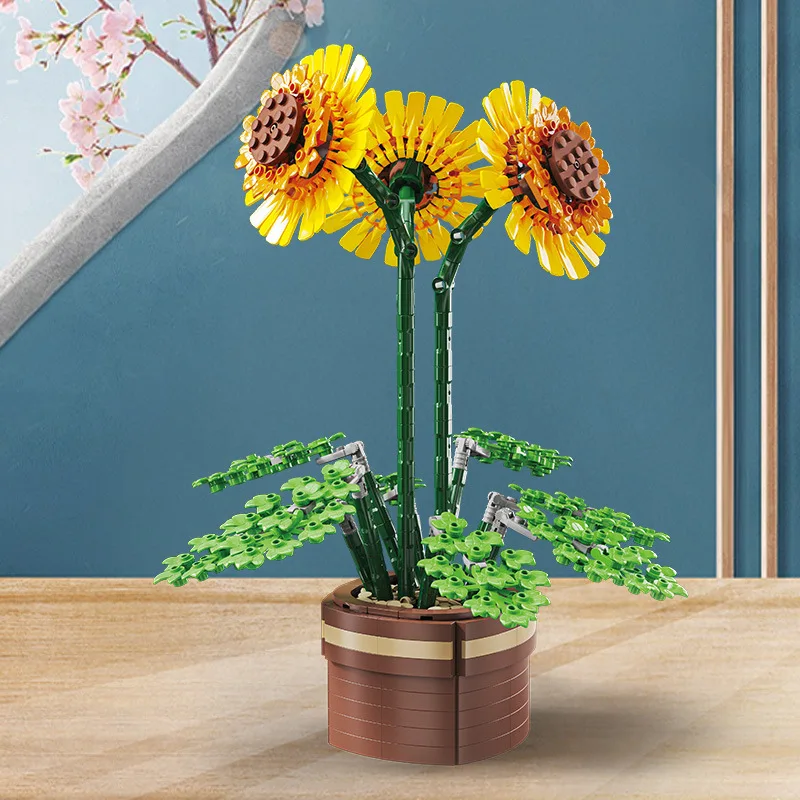 2023 City Creativity Bouquet Sunflower Potted Plant Home Decoration Building Blocks Bricks Kids Toys