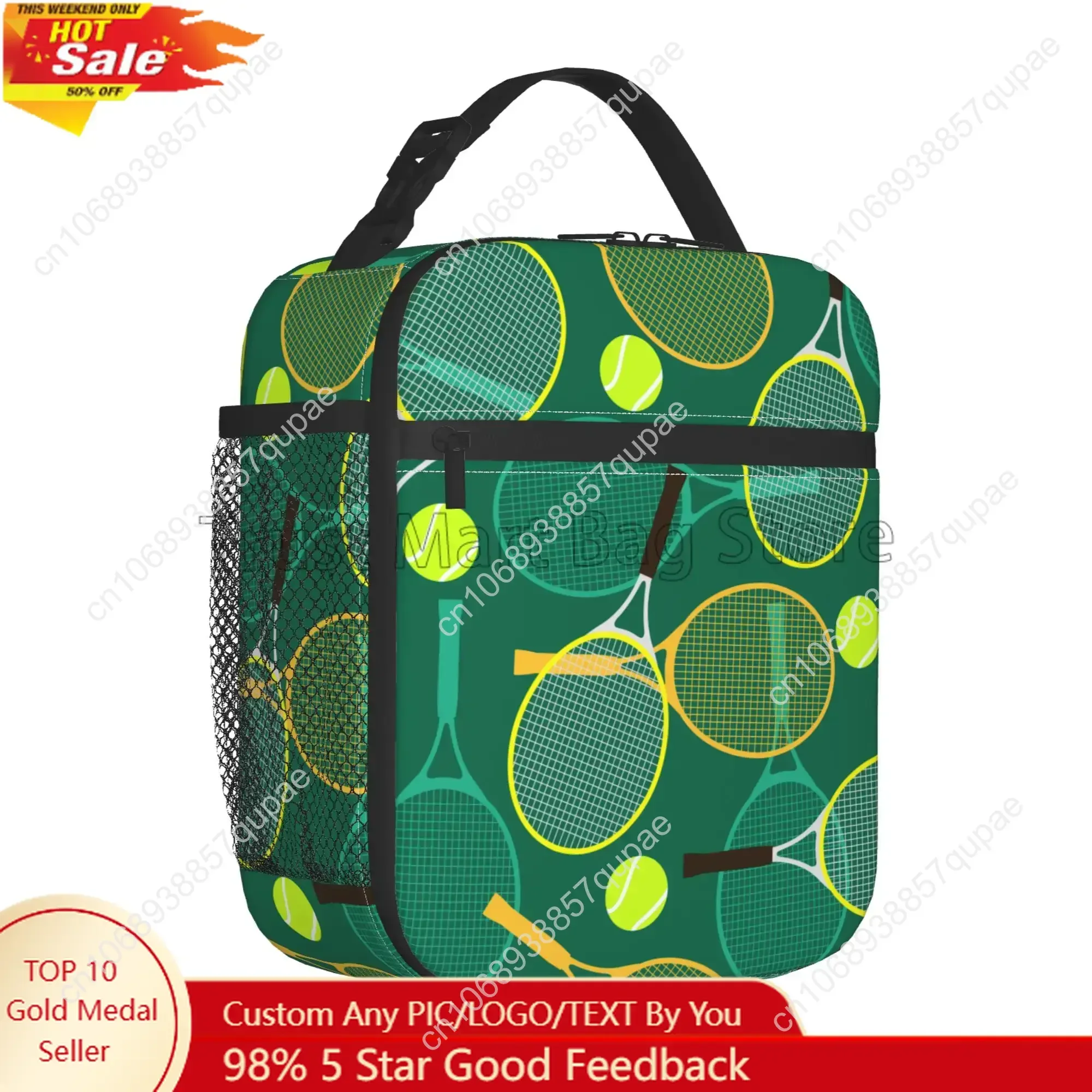 

Tennis Rackets and Balls Print Insulated Lunch Bag Reusable Portable Waterproof Lunch Box Cooler Thermal Bento Tote for Sports