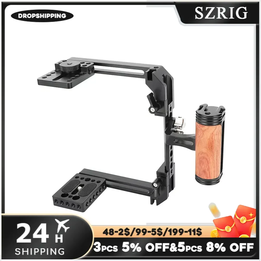 SZRIG Extendable C-frame Cage Rig Adjustable Camera Half Cage Rig With Universal Side Handle Grip with Cold Shoe Mount