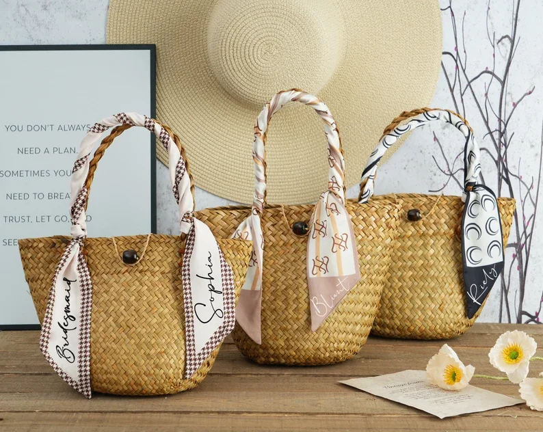 

Personalized Moroccan Straw Basket Custom Beach Bag with Scarf Bridal Party Wedding Bridesmaid Beach Bag Bridal Shower Tote Bag