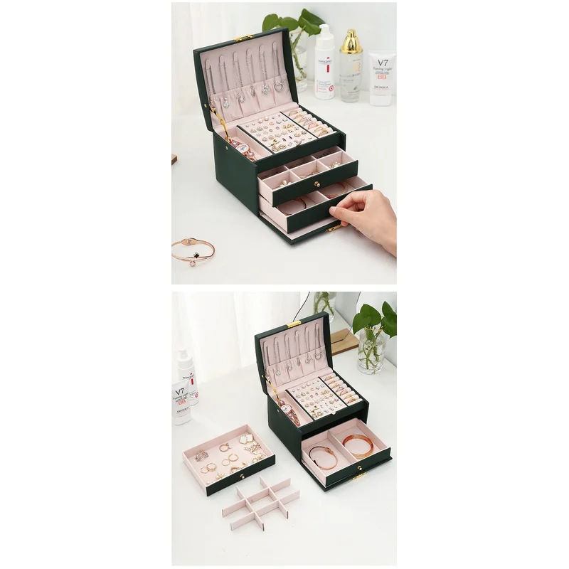 Three Drawer PU Leather Jewelry Box With Security Key Lock, Handheld Earring Ring Necklace Storage Display Case view 3