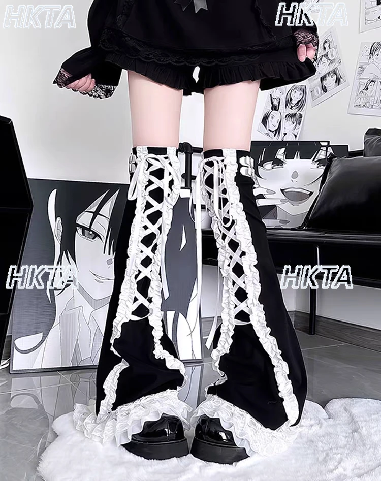 Sottocultura giapponese Calzini alti al ginocchio dolci Scaldamuscoli Lolita Pizzo Versatile Nero Bianco Copri gamba lunga Accessori di abbigliamento Donna