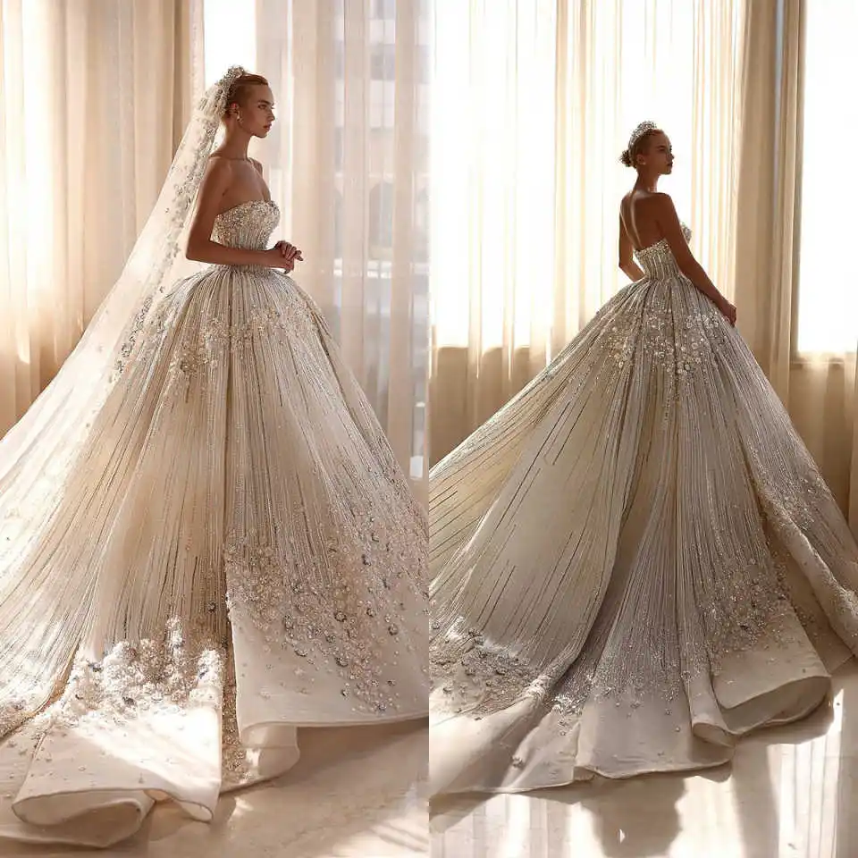 Sexy Strapless Ball Gown Wedding Dress Elegant Floral Appliques Beaded Bridal Dress Sequined Customized vestidos de novia