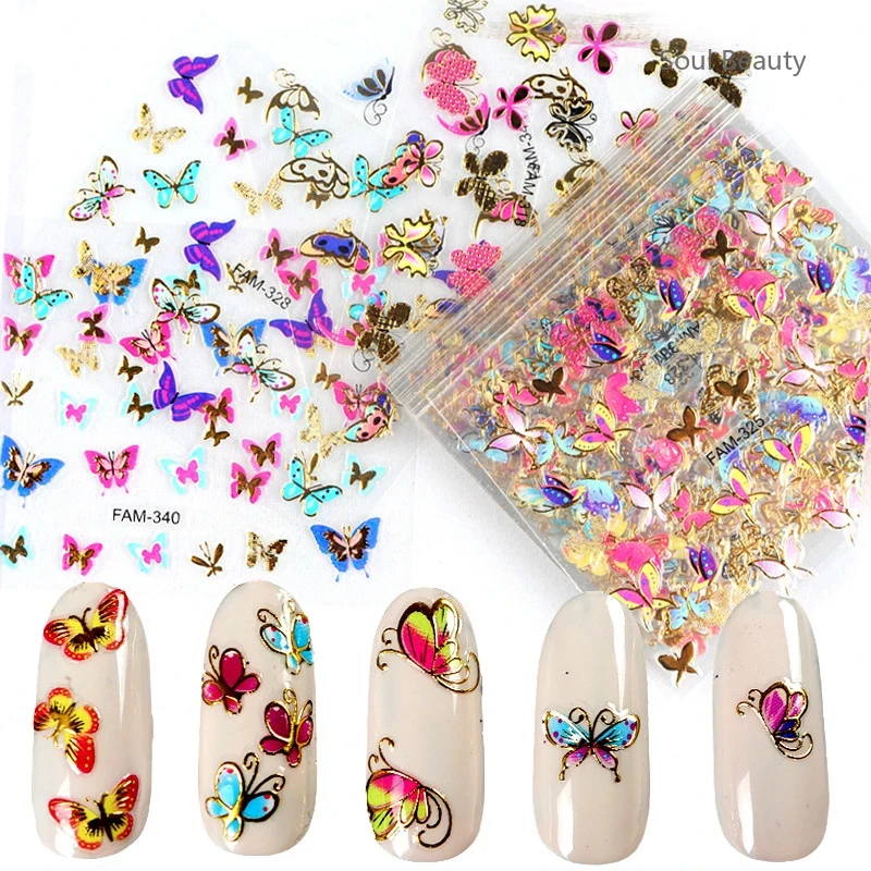 

30pcs 3D Nail Art Hot Stamping Sticker Emboss Design Colorful Butterfly Flower Valentine's Day Nail Art Back Adhesive Sticker