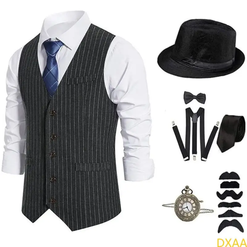 

DXAA 1920s Mens Costume,Roaring 20s Costumes for Men,1920s Mens Outfit Accessories with Vest Hat Pocket Watch Tie Suspenders