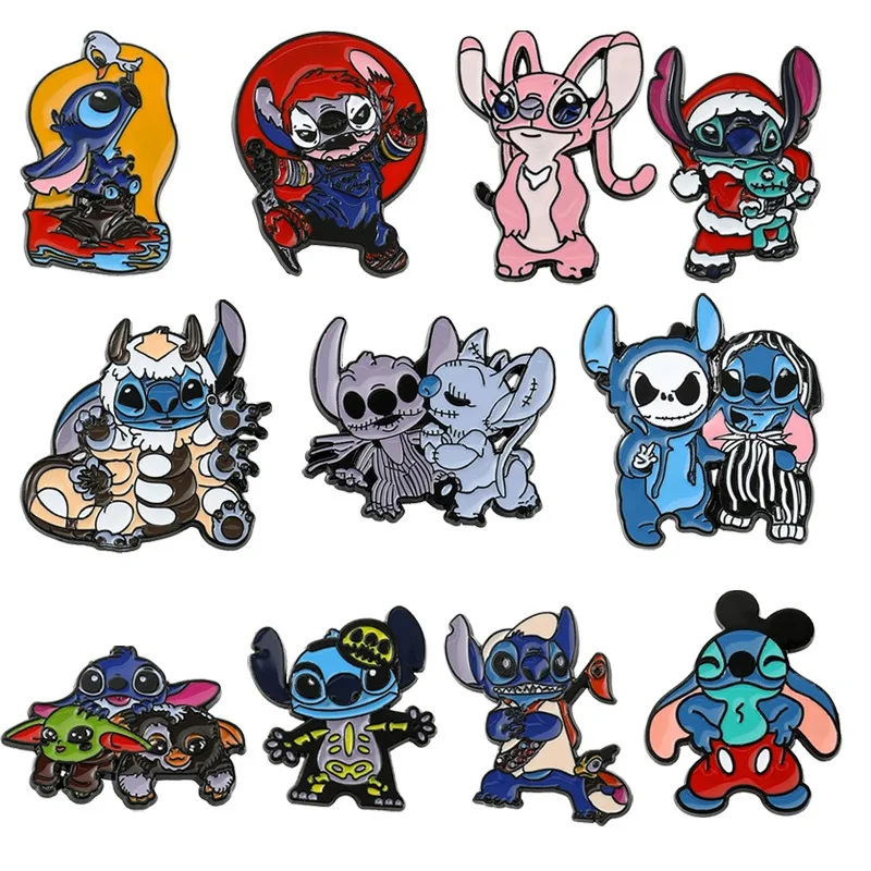 Disney Mickey Mouse Lilo & Stitch Kawaii Anime Figures Pooh Chip Brooch Lapel Pin Cartoon Badge Backpack Decoration for Children