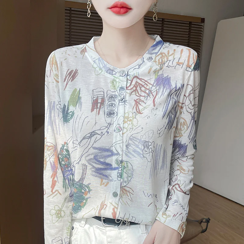 Spring And Summer New Literary Tie-Dye Printing Fashion Round Neck Knitted Coat Women's Thin Leisure Age-Reducing Cardigan