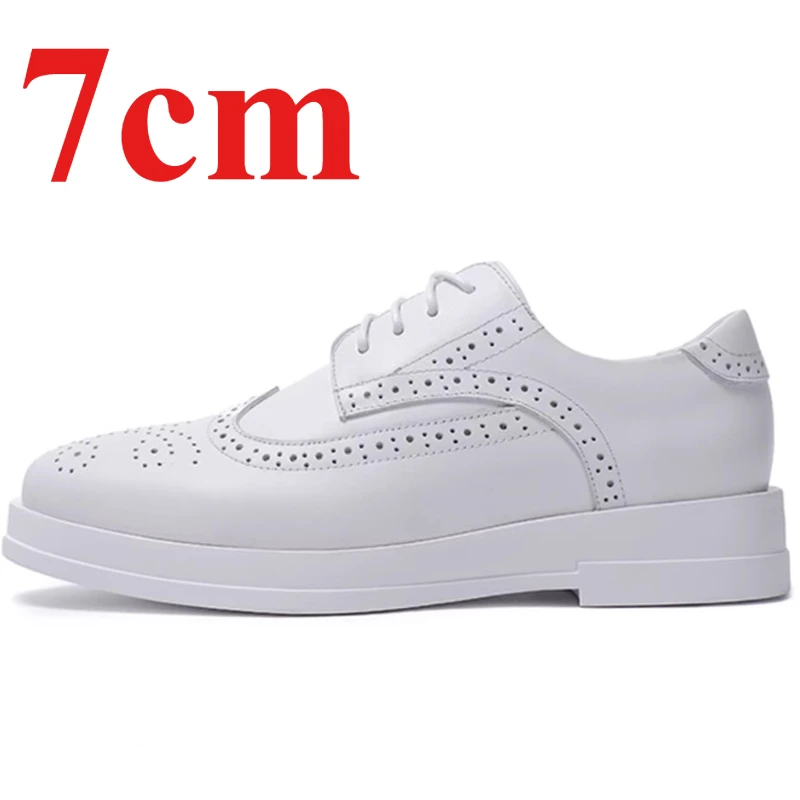 England Men's Dress Shoes 7cm Elevator White Brock Derby Shoes Genuine Leather Breathable Comfortable Wedding Increasing Shoes