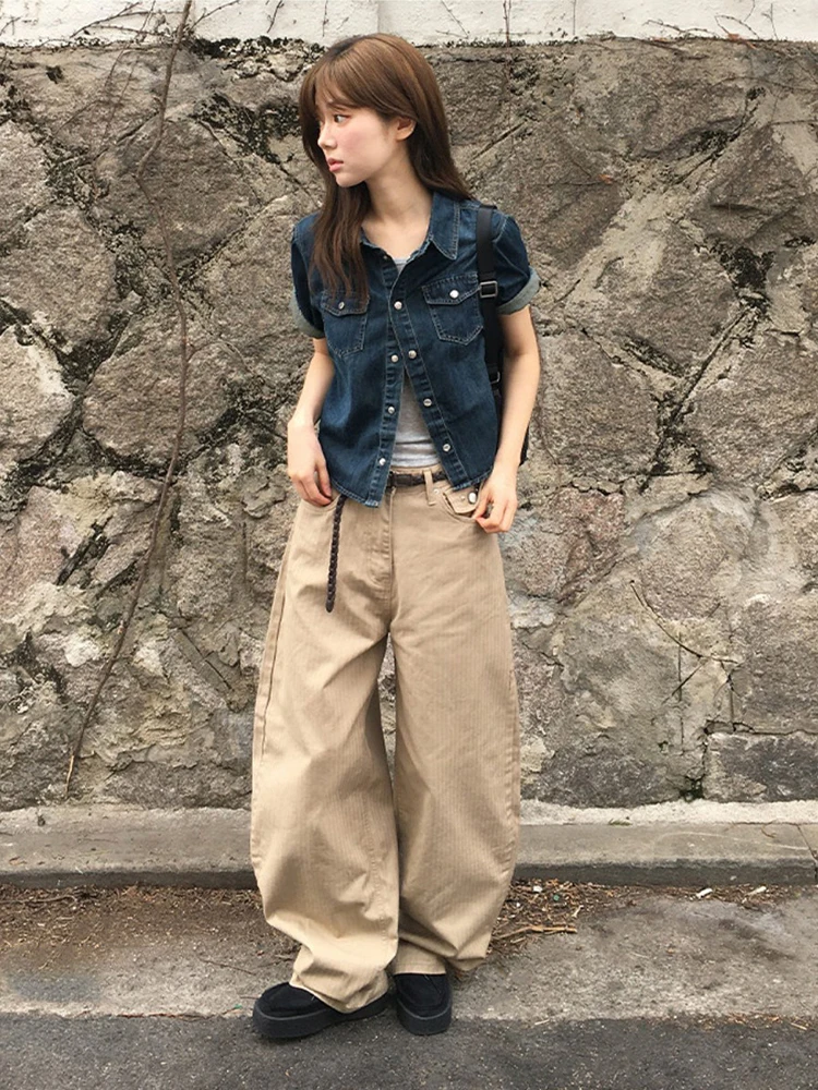 

American Retro ort Sve Denim irt Women Summer Thin Loose Slimming Casual Versatile Small Size ort Top