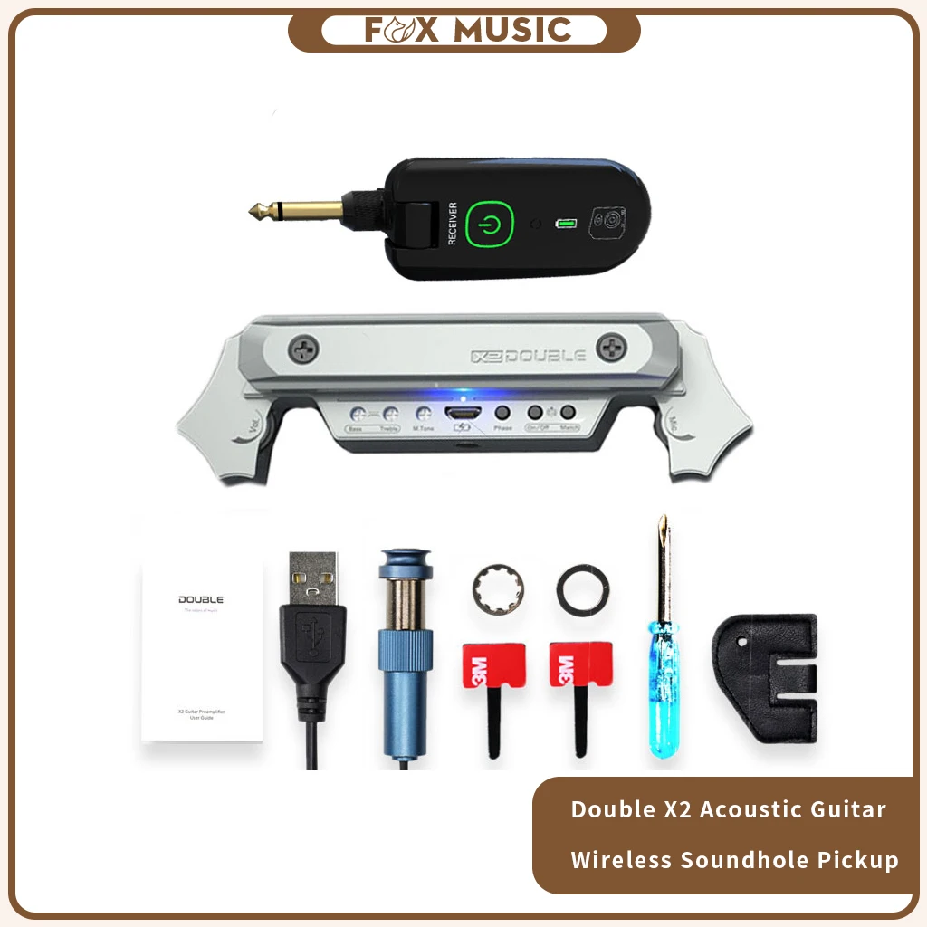 

DOUBLE X2 Acoustic Guitar Pickup Wireless Soundhole Rechargeable Guitar Pickup With Receiver Mic For 80-120mm Acoustic Guitar