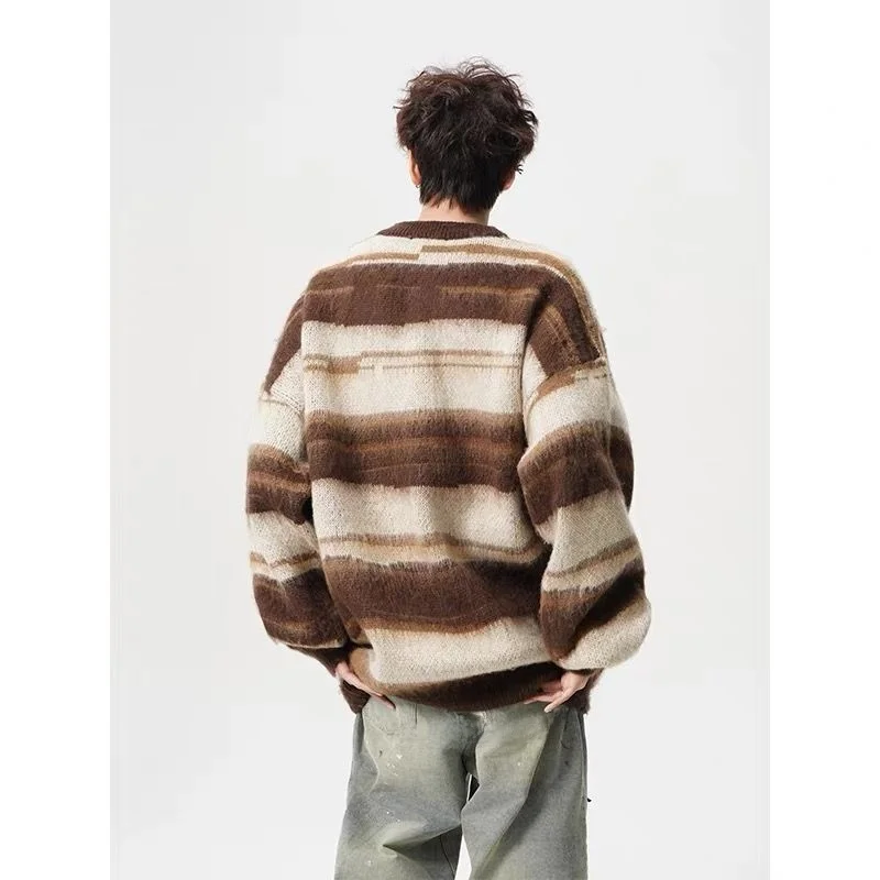 

Корейский полосатый вязаный свитер, повседневный свободный крой, мужская и женская модная удобная универсальная толстовка большого размера