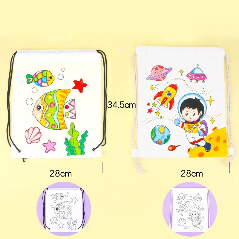 Mochila De tela con grafiti para niños, bolsa no tejida con pintura hecha a mano, manualidades artísticas, juguete de dibujo con relleno de Color para jardín de infantes, 2 piezas