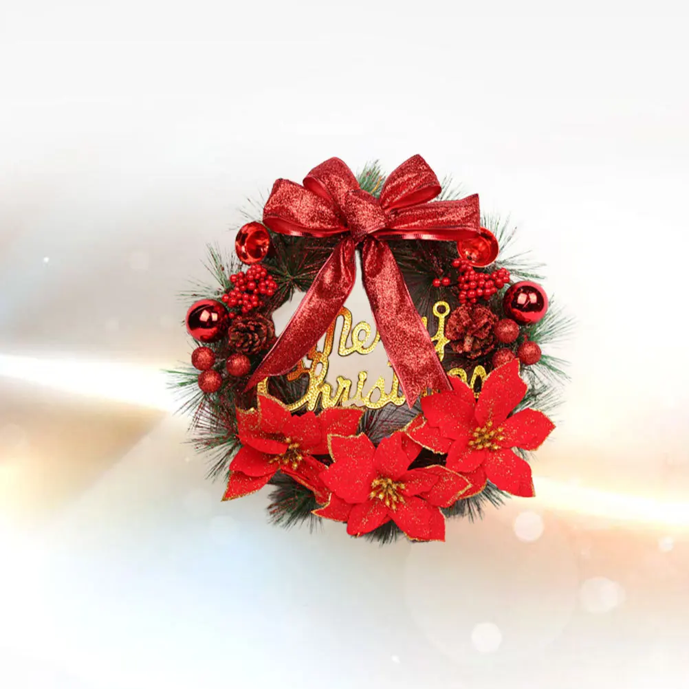 

Christmas Artificial Pine Wreath Red Festive Hanging Pendant Wreath Simulated Pine Cone Berry Bow Flower Decor for Home Party