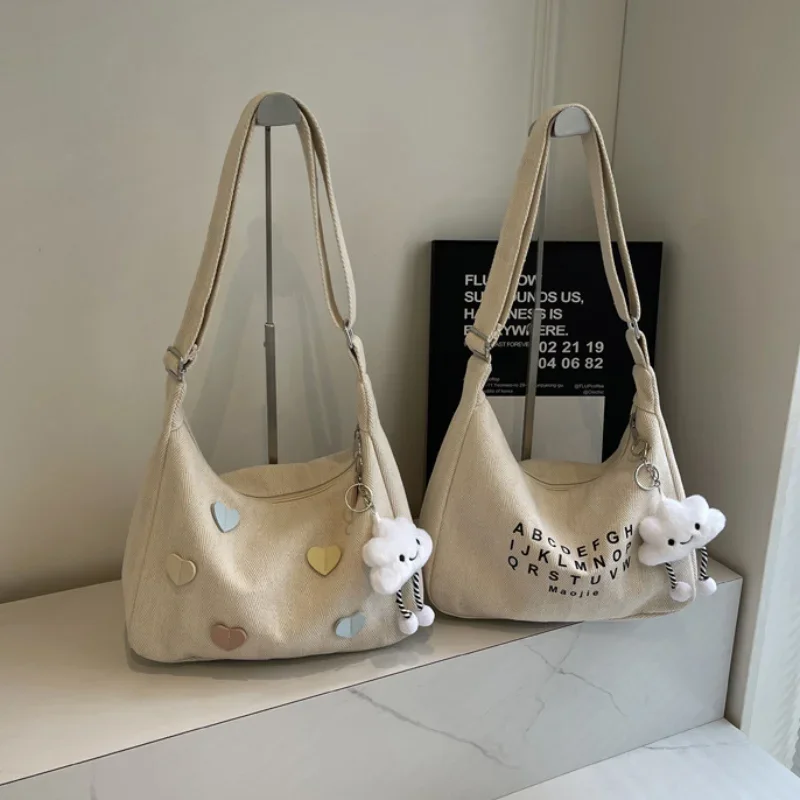 Seasonal Appliqued Cute Heart Hobo Bag Women Fresh Artsy Style Letter Tote Shoulder Bag Student Commuter Canvas Crossbody Bag