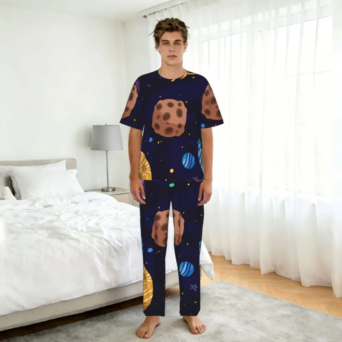 Men Pajamas Suit Short Sleeved Long Pants Cartoon Galaxy Sleepwear Summer Home Clothing Set view 5