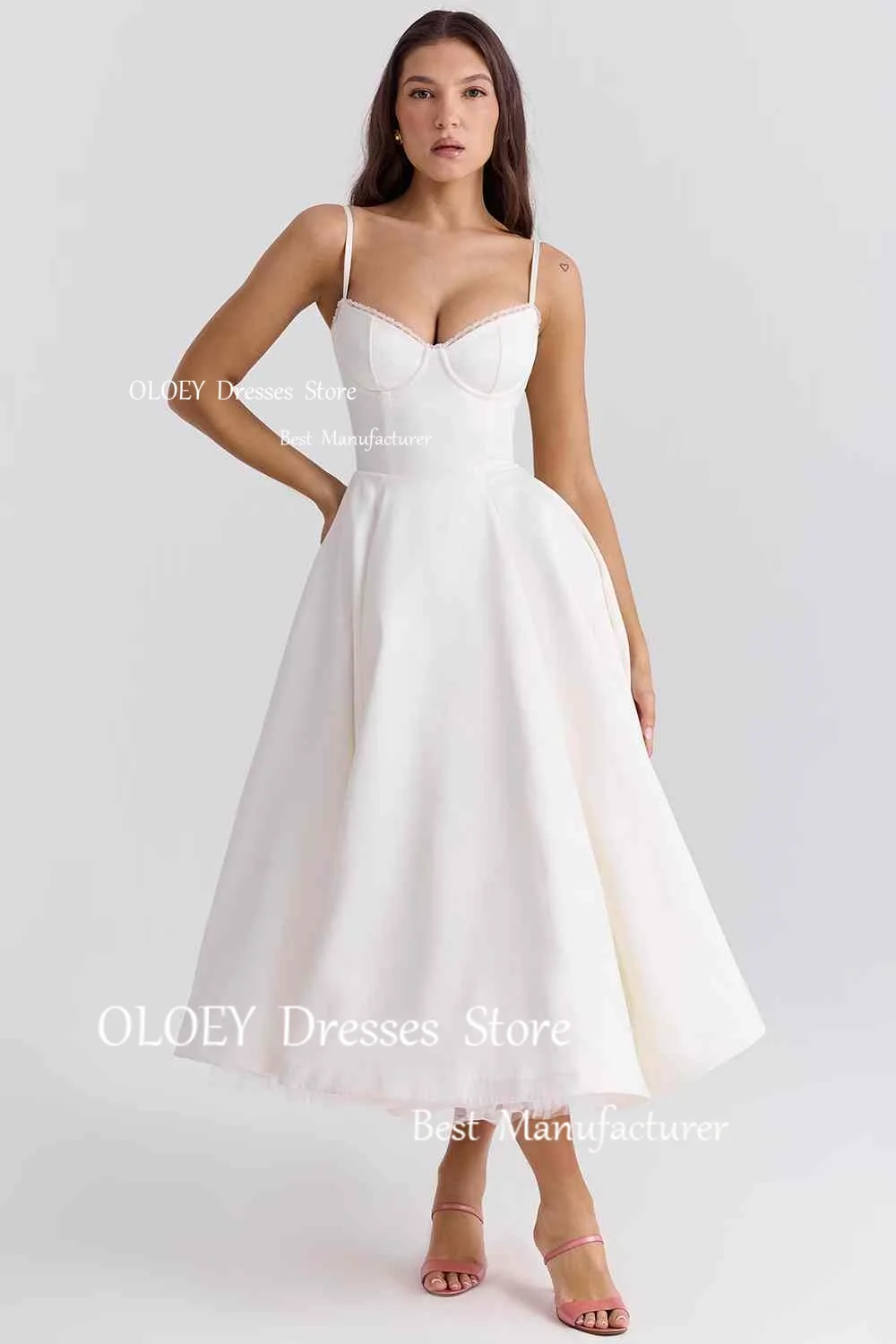 OLOEY-Coreano Simples A Linha De Cetim Vestidos De Casamento, Correias De Espaguete, Cetim Photoshoot, Vestidos De Noiva, Espartilho Voltar, Tornozelo De Comprimento, Custom Made