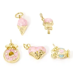 2pcs New Brass Charms Pink Pearlized Enamel Geometric Heart Ice Cream Candy Pendants DIY Necklace Earrings For Women Jewelry