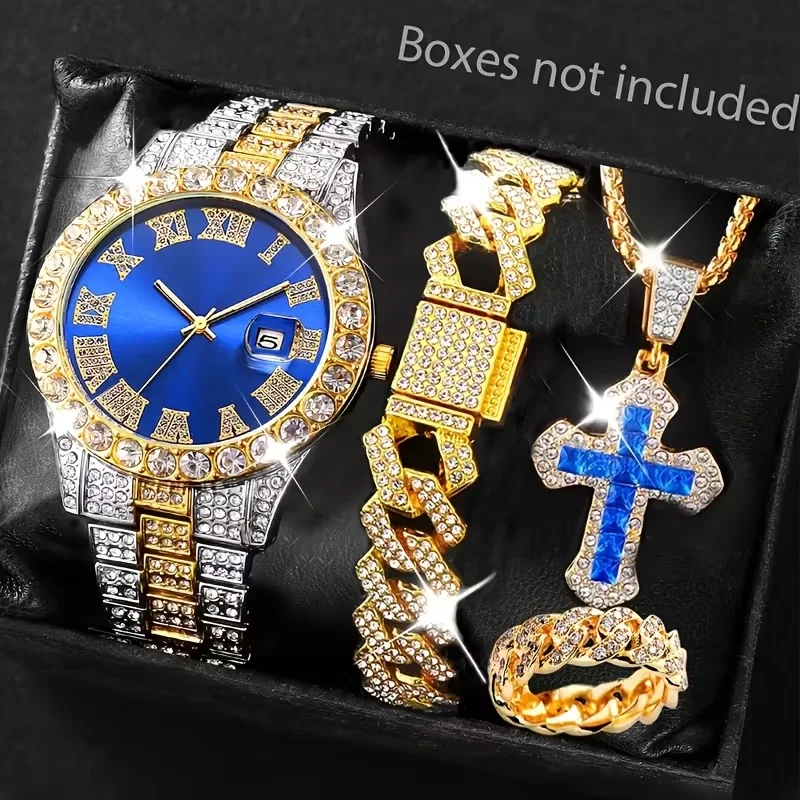 

Luxury Two-tone Iced Out Men's Watch Jewelry Set, 4Pcs Blue Dial Watch + Cuban Bracelet + Cross Necklace + Ring, Hip Hop