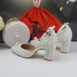 2024 New Arrival White high Pumps Female Bridal shoes bag set woman Pearl fashion party Shoes thick Heel shoes with handmade