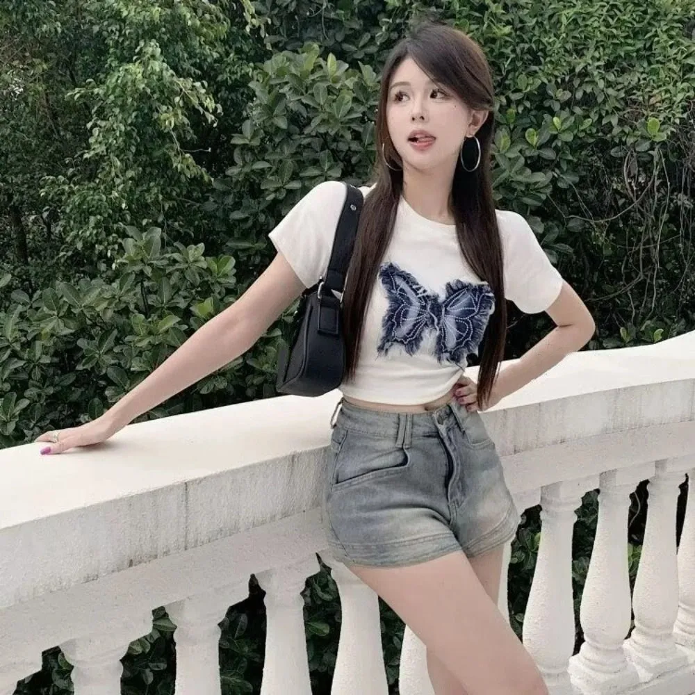 

Универсальные футболки с нашивками и круглым вырезом и бантом, тонкие облегающие лоскутные топы с бабочками и короткими рукавами, укороченный топ Y2k, женский летний