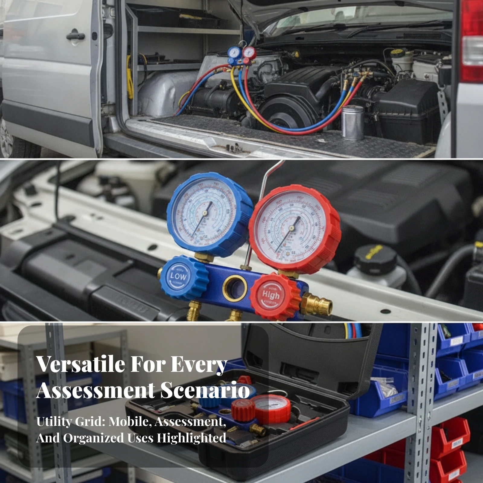 AC Manifold Gauge Set with Case Color-Coded AC Manifold Gauge Set with Hoses Accurate Reinforced for Mechanics, Auto Repair Shop