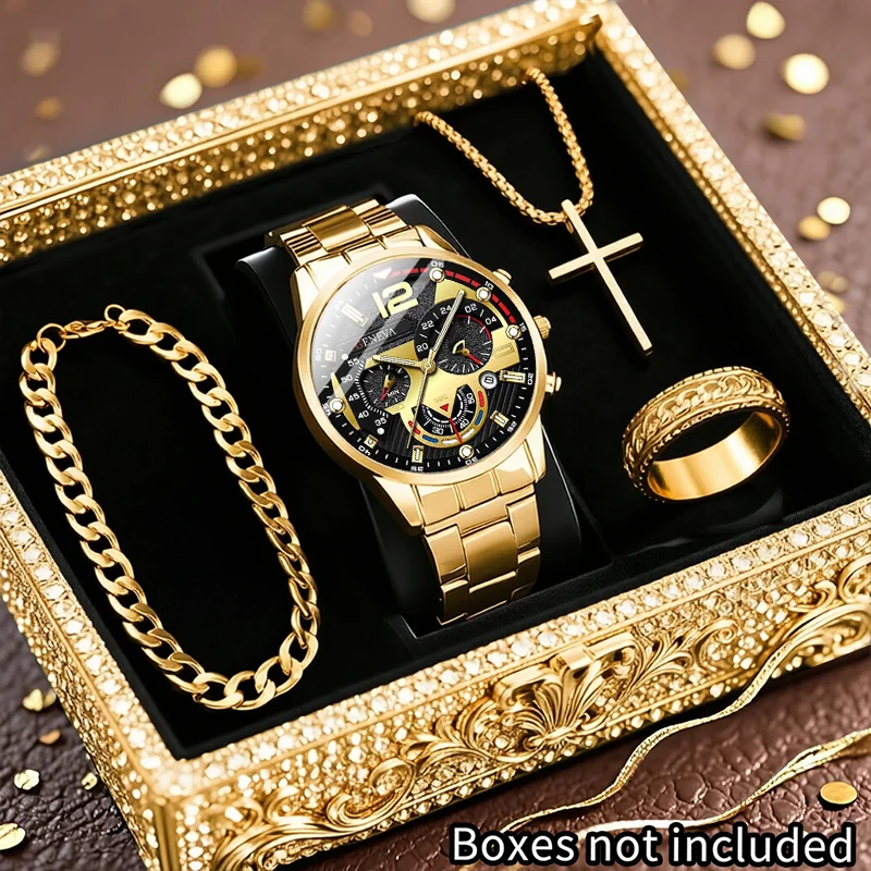 4pcs men's fashion quartz watch and accessory set, business fashion watch, perfect for daily commuting, perfect gift for friends
