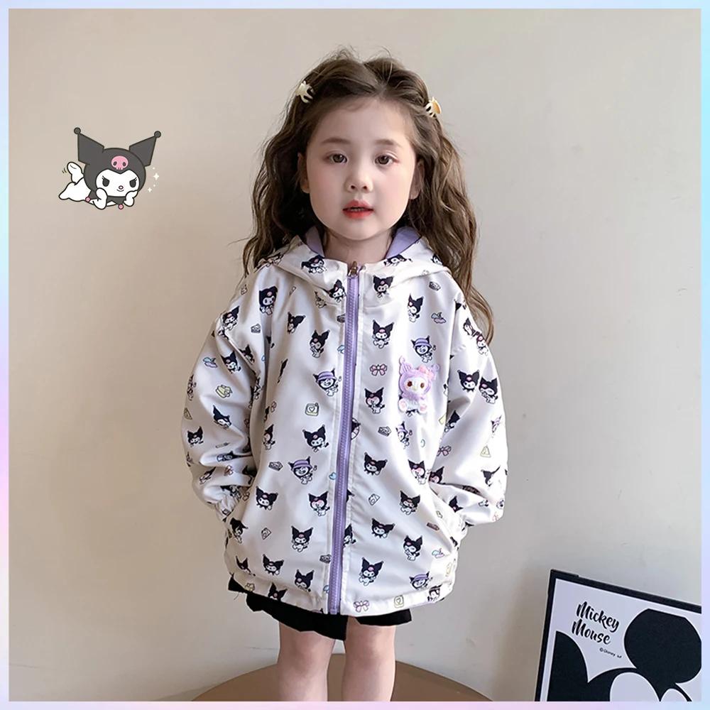 

Cartoon Kuromi Sanrio Children Hooded Zipper Jacket Clothing Jacket Sweatshirt Autumn Print Long Sleeves Coat Double Sided Wear