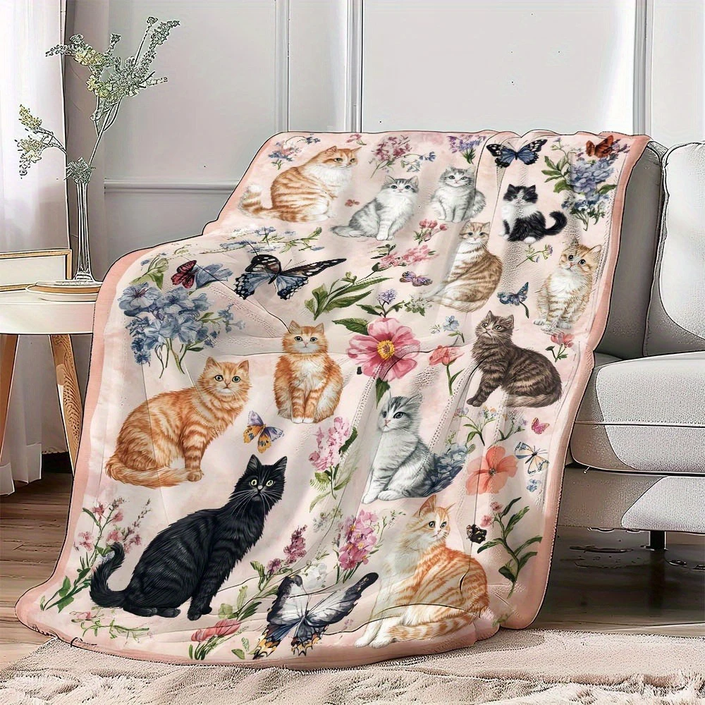 

Cute Cat Floral Printed Blanket , Warm and comfortable throw blanket sofa bed sofa camping trip, the best gift.