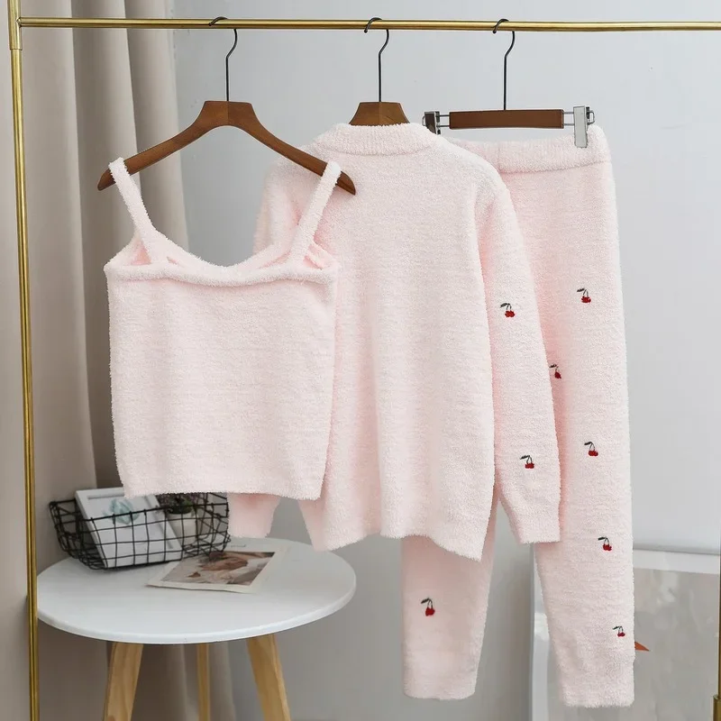 Kuzuwata 2024 Autumn Winter Women Sleepwear Soft Thick Cute Embroidered Homewear Pajamas Cardigan Camisoles Trousers 3pcs Suits