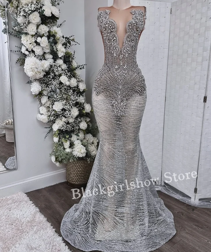 Silver Diamante Long Prom Dress 2024 For Women Luxury Sexy Rhinestone See Through Black Girls Birthday Party فساتين سهرات