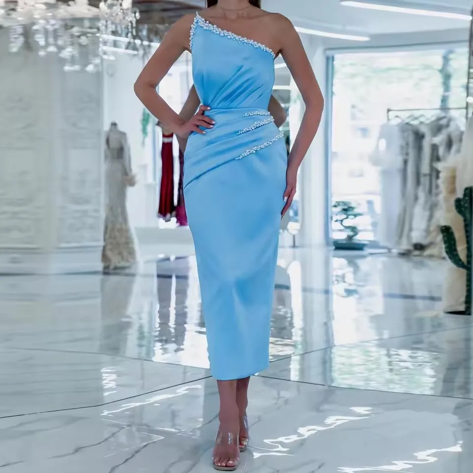 

2025 Pearls Beads Details Strapless Female Maxi Dress Modest Sky Blue Sheath Tea Length Women Party Dresses