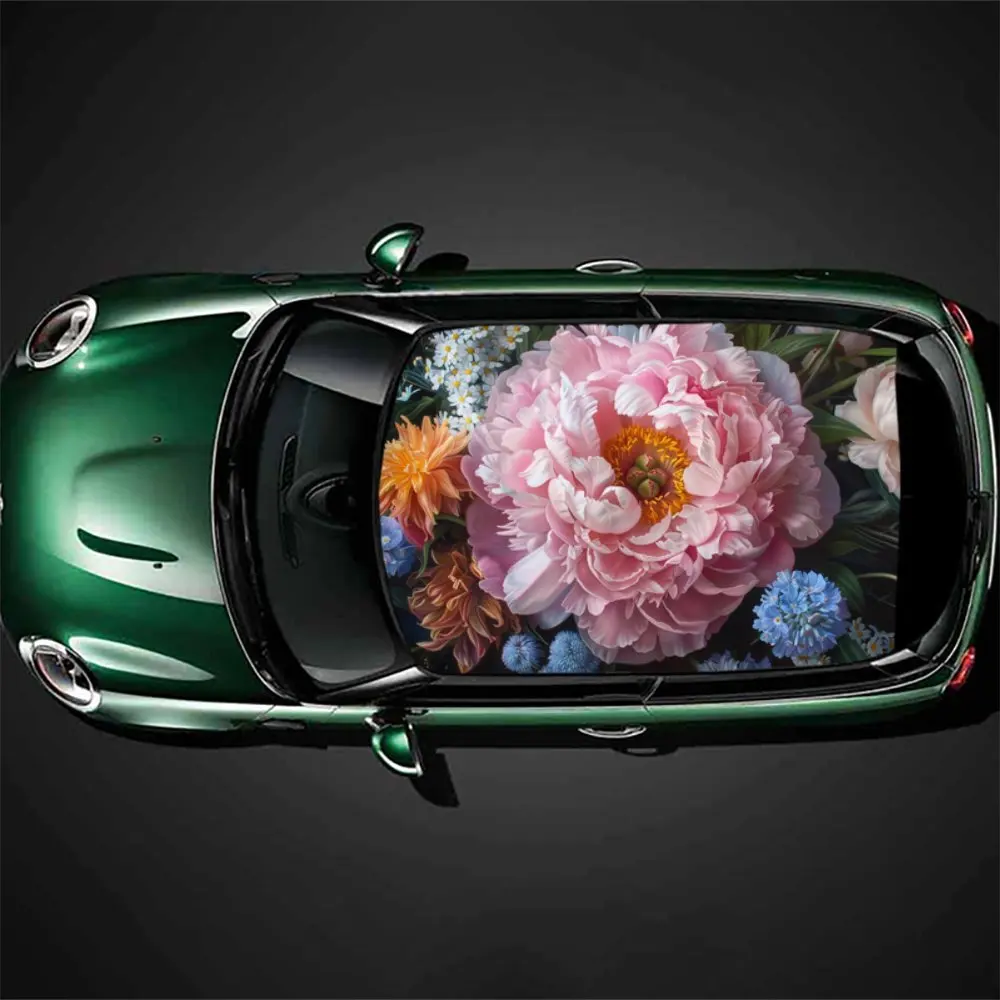 

Romantic Peony Paradise Print Car Roof Sticker, Durable Car Vinyl Wraps, Racing SUV Car Accessory Packaging