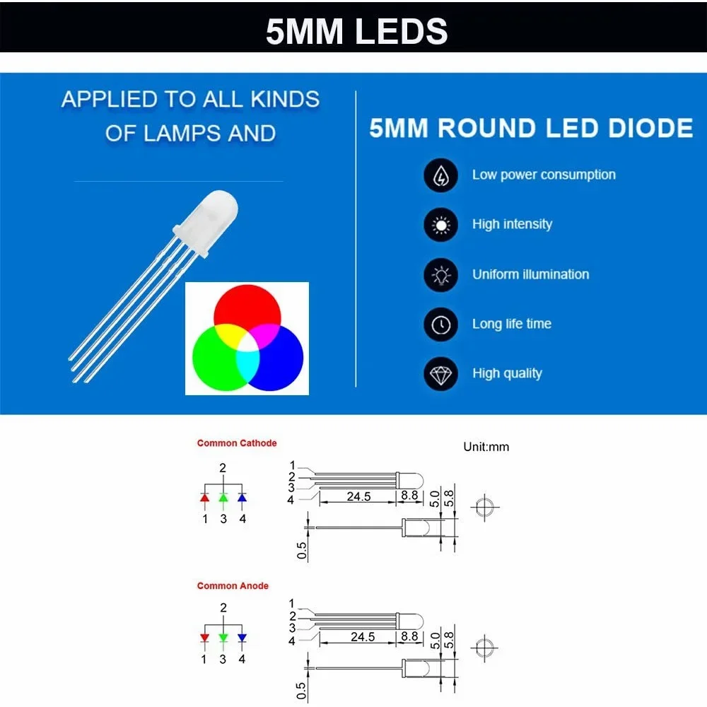 100pcs/set Multicolor 5mm RGB LED Common Anode Cathode Emitting Diode Micro Indicator DIY PCB Circuit Bulb Lamps for arduino