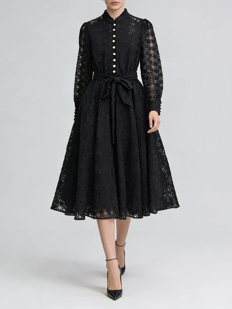 Robe minimaliste à pois ondulés en tissu transparent et uni TWOTWINSTYLE pour femmes, col rond, manches longues, patchwork, boutons, robes pour femmes