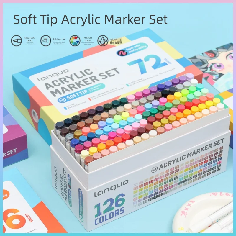 Languo – marqueur acrylique empilable à tête souple, coffret cadeau 36/126 couleurs, ensemble de stylos de peinture artistique pour étudiants, stylo aquarelle