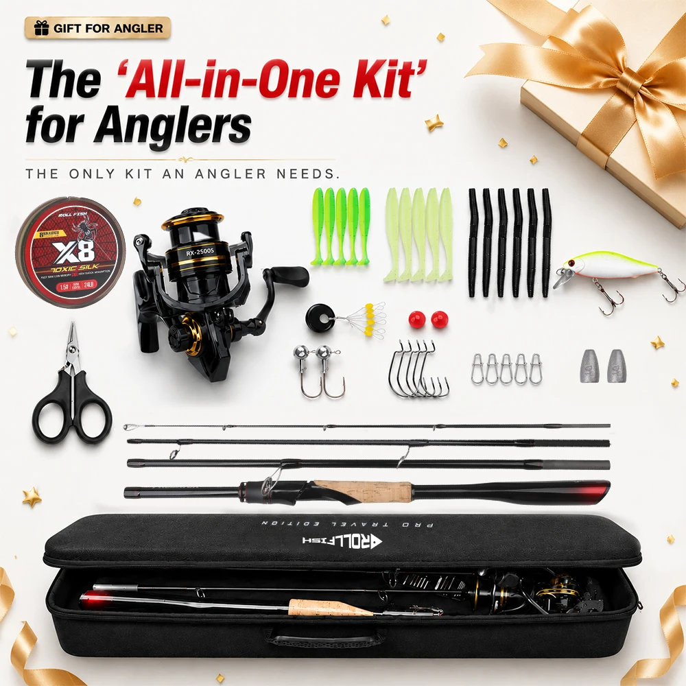 ROLLFISH Portable 4-Piece Travel Bass Fishing Rod Reel Combo Kit Line Lures Scissors Bag M Power Spinning Casting Gift Set