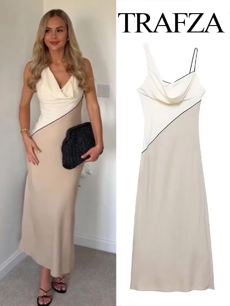 

TRAFZA Woman 2025 Summer Fashion V-Neck Side Zipper Sleeveless Spliced Long Dress Female Elegant Sexy Backless Sling Midi Dress