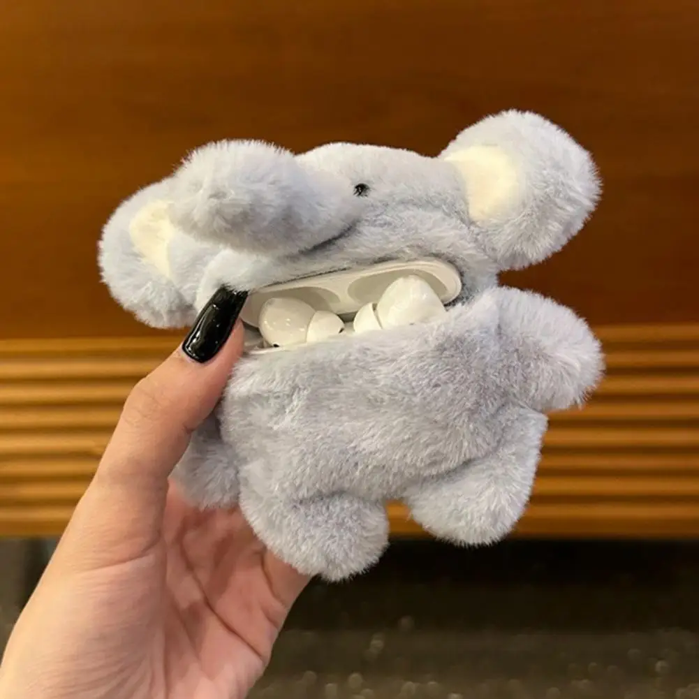 10cm Pluszowe etui na słuchawki Blue Elephant do słuchawek Airpods 3D Cartoon Fur Animal Grey Elephant Dumbo Pokrowiec na słuchawki dla kobiet i dziewcząt