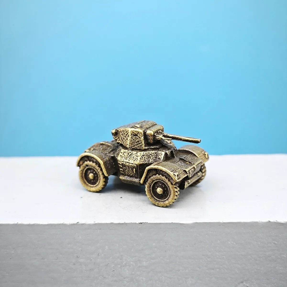 Vintage Brass Wheeled Armored Car Miniature Model Military Vehicle Diorama Desktop Decor Collectible Craft