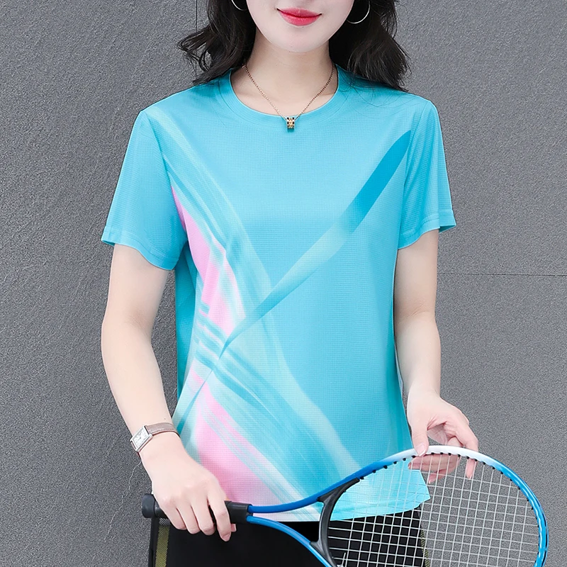 

New Summer Loose Casual Ice Silk Quick Drying Sports Top Women'S Fashionable Round Neck Versatile Fitness Short Sleeved T-Shirt